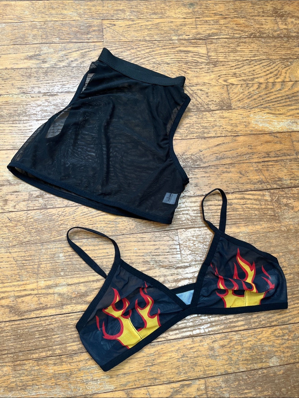 2PC Black Sheer Mesh Crop Top and Flame-Print Bralette